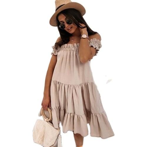 New Design Good Quality Factory Price Fashion Hot Selling Womens One Word Collar Solid Color Loose Dress