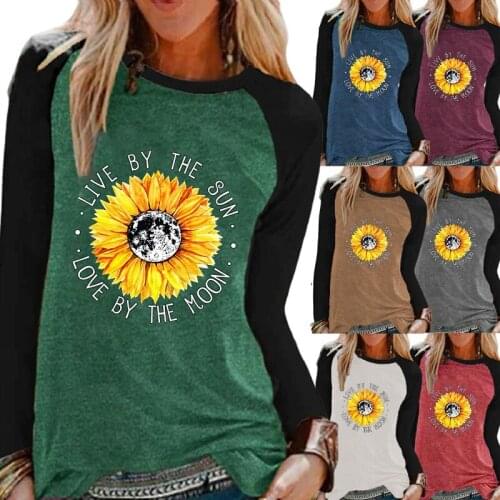 Autumn Fashion Women Casual Long Sleeve Shirt Top Sunflowers Print Round Neck Loose T-shirt Ladies Pullover Sweatshirt