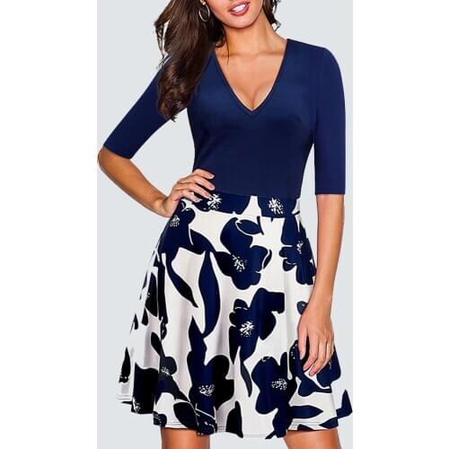 Vintage Tropical Floral Print Patchwork Swing A-line Women Sexy V-Neck Casual Beach Party Dress HA055 HA058