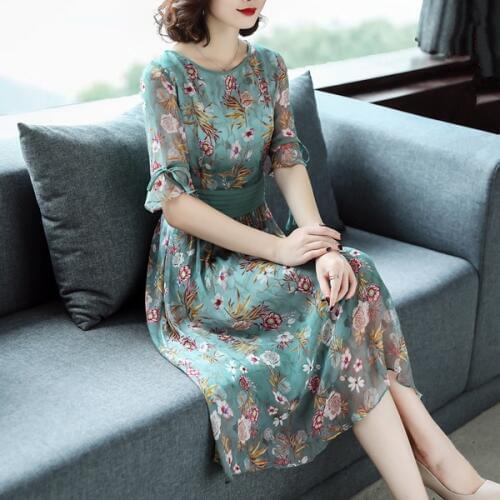 2019 Summer Dresses Women Casual Elegant High Waist A-line Dress Half Sleeve Vintage Party O Neck Floral Print Dresses