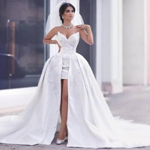 Luxury Sweetheart Beading Appliques Wedding Dresses Summer High Low Bridal Gowns Sexy Backless Sweep Train vestidos de mariee