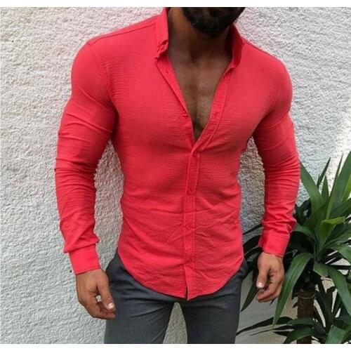 2021 Handsome Mens Slim Fit V Neck Long Sleeve Muscle Shirts Top Single Breasted Casual Blouse New Arrival