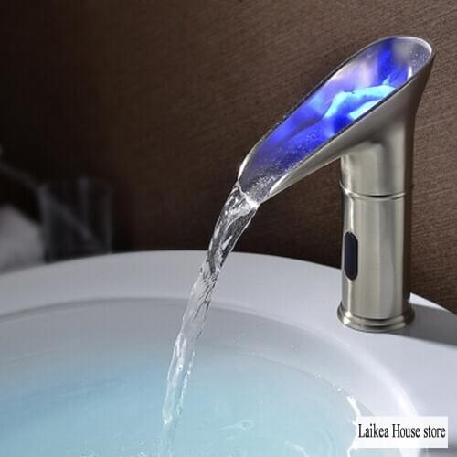LED Waterfall Sensor Faucet Brass Bathroom Sink Faucet Tap Wash Water Saving Kitchen Faucet Saving Tap Household Accessories