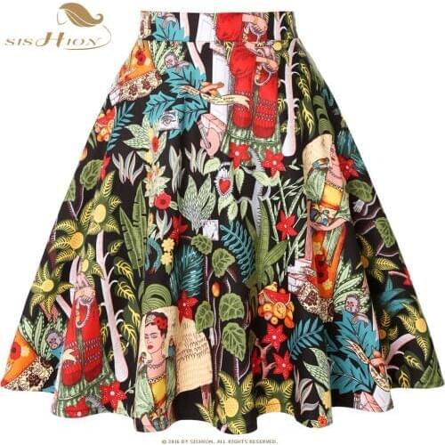SISHION Retro Vintage Cotton Black Skirt VD0020 2021 Floral Animal Print jupe femme Rockabilly Swing Summer Ladies Women Skirt