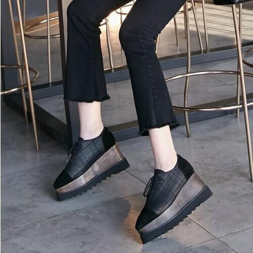 EshtonShero Women Shoes Pumps Woman Platform Flock Leather+PU Wedge High Heels Square Toe Black Ladies Loafers Shoes Size 3-11