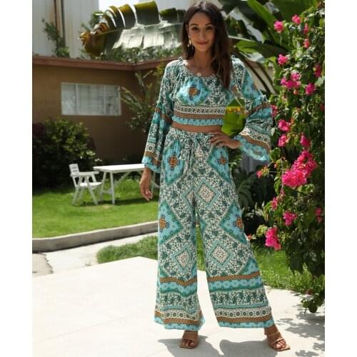 Happie Queens Women two piece outfits off shoulder tops Bohemian Drawstring skirts 2 pieces rayon cotton boho sets