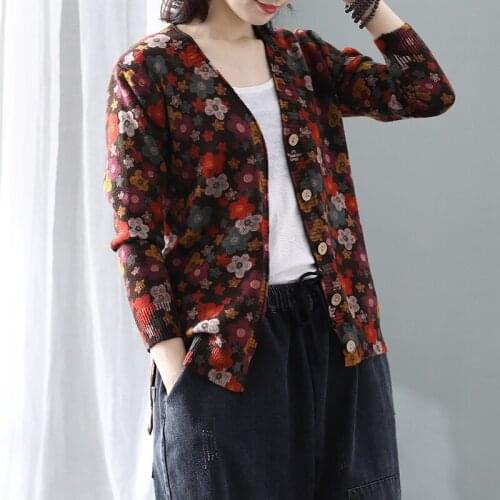 Literature And Art Retro Printing V-neck Knitted Cardigan Womens Spring And Autumn New Leisure Large Size Long Sleeve Top