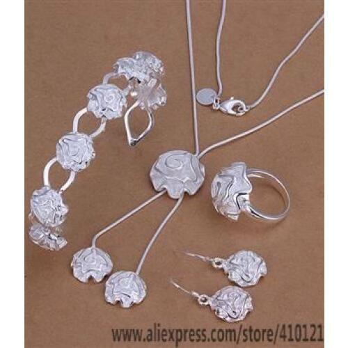 S272 Hot Sale Silver Color Fine Jewelry Sets For Women Fashion Jewelry Charms Fashion Rose Ring Drop Earrings Bangle Necklace