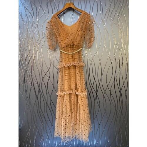 New 2021 Summer Long Dress High Quality Women V-Neck Polka Dot Print Crystal Beading Belt Short Sleeve Apricot Pink Dress Maxi