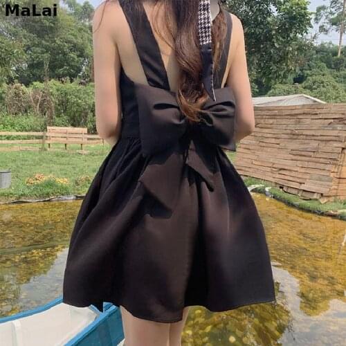 Korean Style Gothic fairycore Dress French Vintage Mini Sleeveless 2021 Women Casual Bow Strap Sexy Backless Kawaii Summer Dress