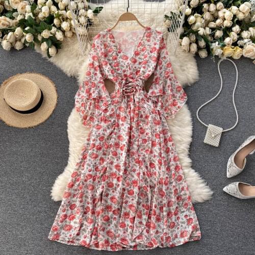 Womens Spring Summer Runway Fashion Flower Print Chiffon Dress Female Chic Travel Vintage Beach Dress TB1717