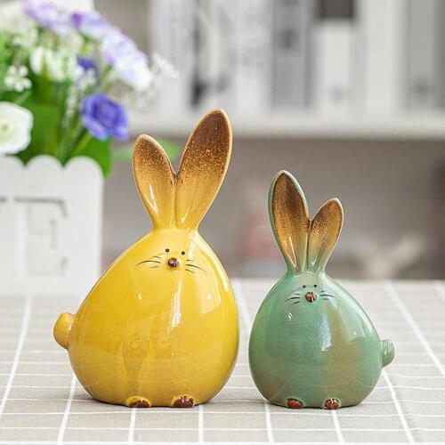 1Pair Ceramics Art Rabbits Sculpture Ornament Figurine Statue April Easter