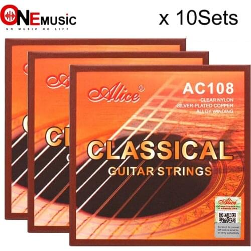 10set Classical Guitar Strings Clear Nylon Strings Silver Plated Copper Alloy Wound Normal Tension - Alice A108-N encordoamento