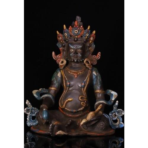 10" Tibet Buddhism Temple Old Bronze Painted Cinnabars Yellow God of Wealth Buddha Chambala (Xiang Xiong Wen) Statue