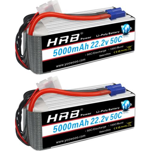 2packs HRB 6S Lipo Battery 22.2V 5000mAh 50C EC5 Connector For Trex 700 800E tarot 650 Quadcopter Helicopter Multicopter Drone