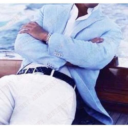 ANNIEBRITNEY Custom Linen Men Suits For Wedding Tuxedos Summer Beach Casual Groomsman Best Men Suits Set Blue Jakcet White Pants