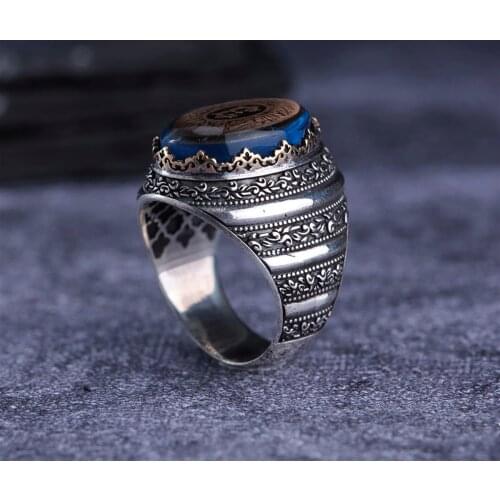 Turquoise 925 Sterling Silver Engraved Special Craftmanship Traditional Handmade Turkish Signet Ring Jewelry Gift for Women Men