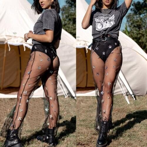 BKLD Woman Pants Summer 2019 Beach Cover Up Pants Women Black Mesh Sheer Trousers Stars Sequined Printed Wide Leg Pants Women