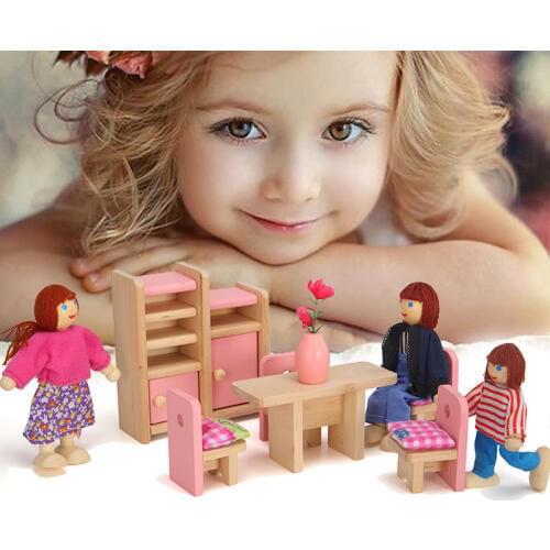 Wooden Doll House Miniature Furniture Family Girls Pretended Play DIY Kitchen Bedroom Toys Family Cosplay Sets