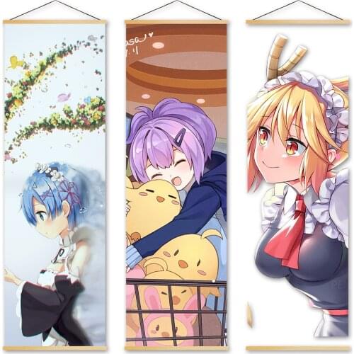 Home Decor Miss Kobayashis Dragon Maid Wall Art Painting Solid Wood Hanging Scrolls Modern Anime Canvas Print Picture Poster