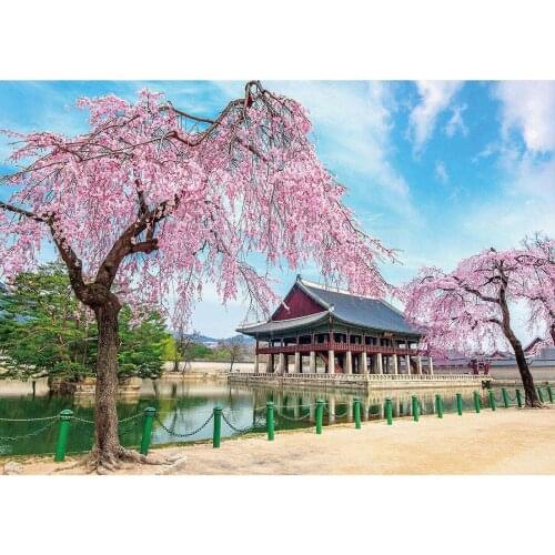 Spring Cherry Blossom near Palace Photography Backdrops Customized Background Photo Studio for Children Baby Portrait Photophone