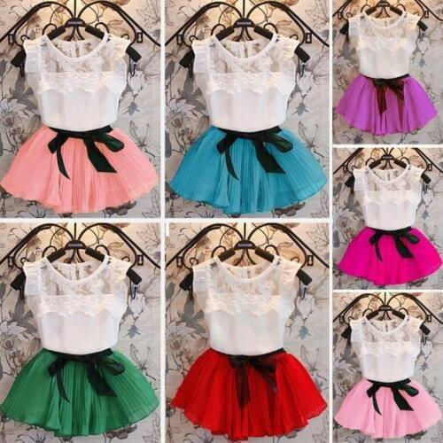 Girls skirt set Chiffon skirt for baby girl children fashion clothing T-shirt tops+skirts 2pcs kids suit 7 colors