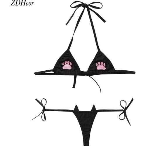 2pcs Sexy Lingerie Bra Set Women Cartoon Cat Paw Embroidered Bikini Set Ladies Swimsuit Swimwear Halter Neck Bra With G-string