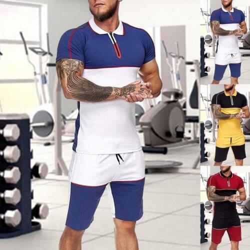 Summer New Mens Tracksuit Two-Piece Casual Sports Suit Outfits Neckline Zipper Suit For Men Jogging Running Breathable Suit