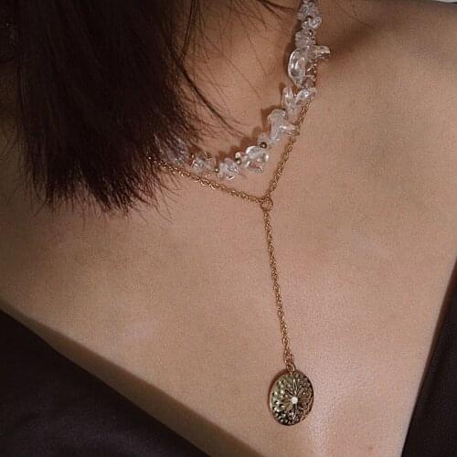 Fashion Crystal Stone Choker Necklace Gold Carving Flower Double-layered Necklace Set for Women Jewelry Accessories