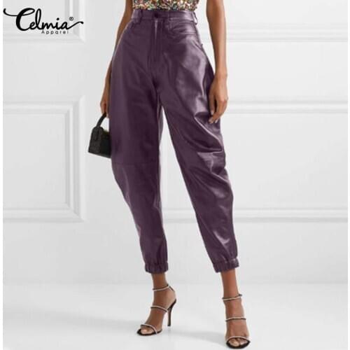 Celmia 2021 Fashion Women Autumn PU Leather Pants High Waist Harem Trouser Casual Long Palazzo Solid Work Pants Sweatwear Femme