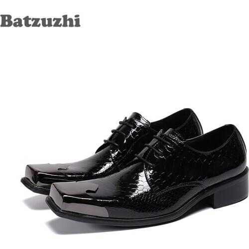 Batzuzhi Handmade MENs Leather Shoes Lace-up Black Genuine Leather Dress Shoes Men Square Metal Toe Business Leather Shoes