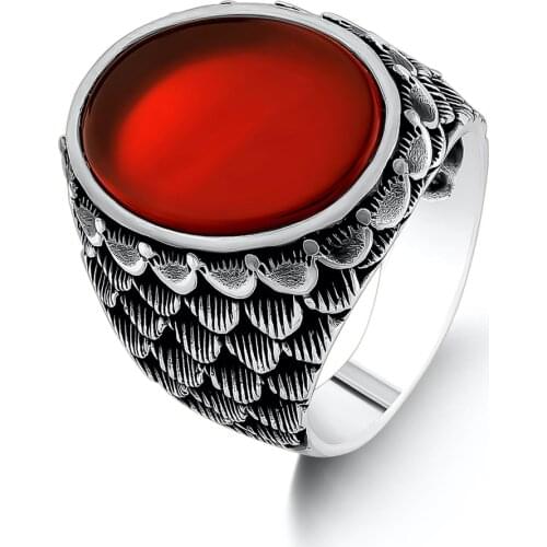 Boho Style Engraved Signet Red Agate Gemstone Men Ring High Quality Fashionable Solid 925 Sterling Silver