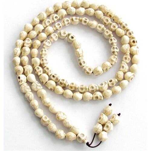 Natural Gem Stone Howlite Beads Hand Carved Skull Tibetan Buddhist 108 Prayer Beaded Mala Bracelet or Necklace 10*8mm Dropship