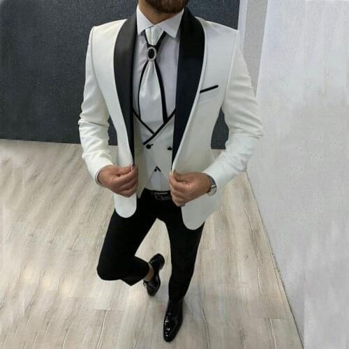 New Style Men Suits White and Black Groom Tuxedos Shawl Lapel Groomsmen Wedding Bridegroom ( Jacket + Pants + Vest ) D160