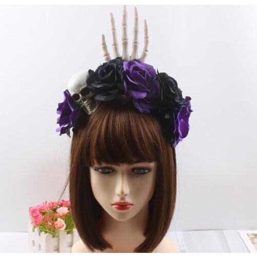 Female Hair Hoop, Halloween Artificial Flowers Skull Hair Clasp Headwear Hair Accessories for Party