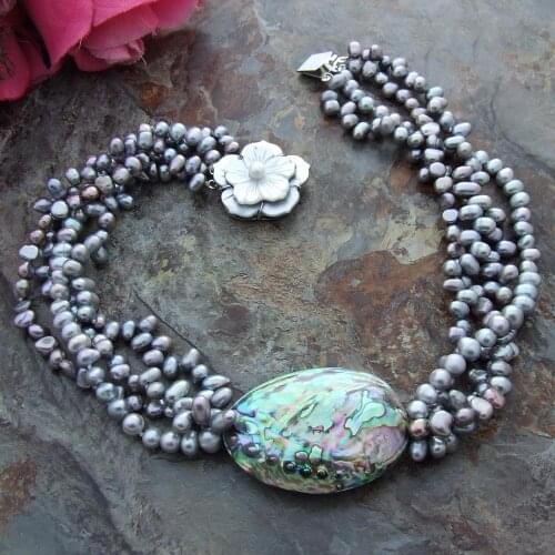 YYGEM Natural 4 Strands Multi Shape Cultured Gray freshwater pearl Pearl Abalone Shell Necklace 19"