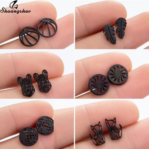 Shuangshuo Stainless Steel Earrings Geometric Women Men Punk Rock Black Round Animal Stud Earrings Korean Jewelry Mothers Gift