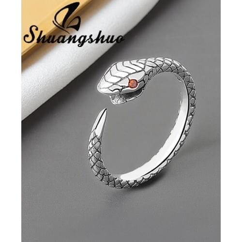 Shuangshuo Vintage Snake Head Ladies Finger Rings Fashion Jewelry for Women Unisex Open Adjustable Size Ring Man New Year Gift