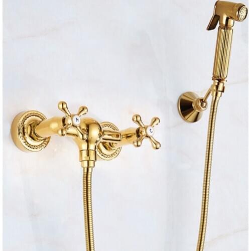 Toilet Bidet Faucets Gold Brass Bidet Shower Taps Muslim Ducha Higienica Hot and Cold Water Mixer Tap Bathroom Shower Faucet Set