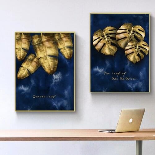 Modern Luxury Wall Art Golden Leaf Wall Art Canvas Painting Blue Posters and Prints Wall Art Pictures for Living Room Home Decor