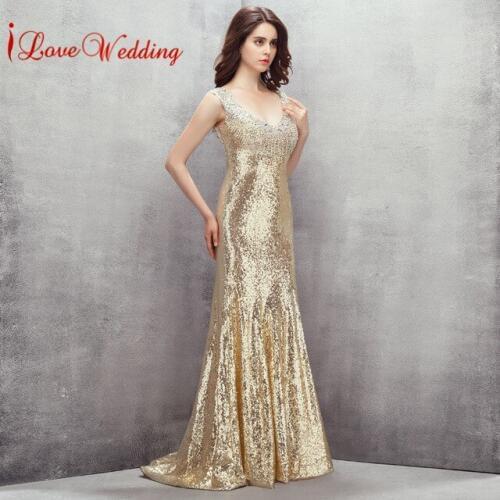 ILoveWedding Sexy Glod Sequins Long Evening Dress Crystals Beaded Robe De Soiree See Through Back Actual Images Vestido De Festa