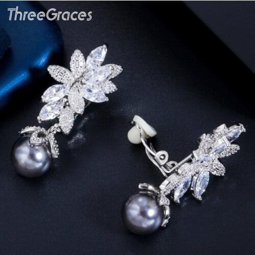 ThreeGraces Shiny CZ Crystal Dangle Gray Simulated Pearl Without Piercing No Ear Hole Clip Earring for Women Party Jewelry ER568