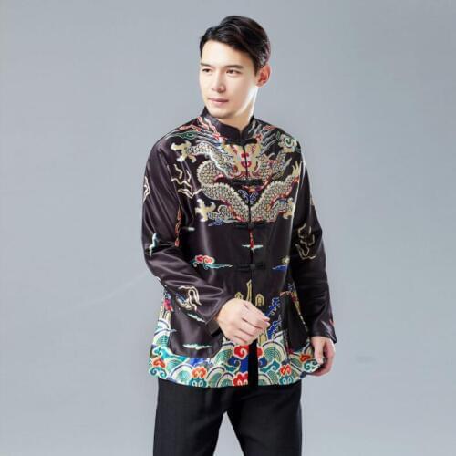 Long Sleeve Traditional Chinese Clothes Tang Suit Top Spring Summer Men Silk Embroidery Dragon Jacket Coat for Overseas Chinese