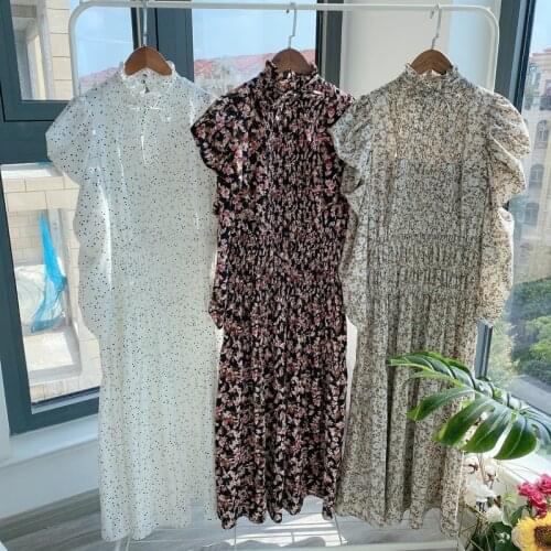 Vintage French Style Elegant Long Sleeve Dresses for Women High Waist Slim A Line Draped Robe Chic Stand Collar Print Vestidos