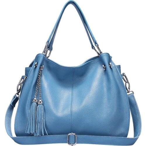 Women Shoulder Bag 100% Soft Genuine Leather Handbag Tassel Design Messenger Crossbody Bags For Ladies Fashion Casual Tote Black