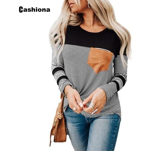 Plus size 3xl Women Vinatge Leisure Casual T shirt Patchwork Stripes Pocket Womens Top 2020 Spring Autumn Loose Tee shirt Femme