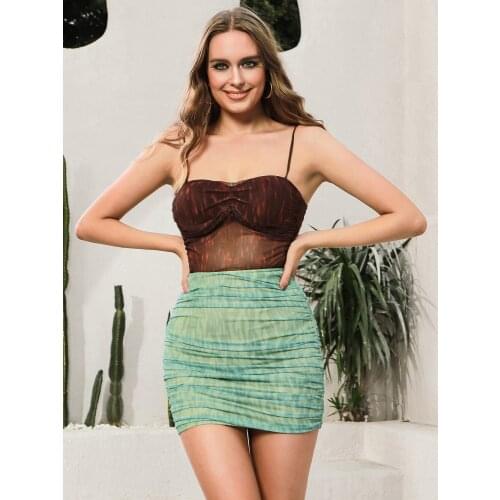 High Quality Summer Ladies Skinny Backless Mesh Mini Two Piece Set Pleated Spaghetti Straps Ladies Celebrity Party Dress Vestido