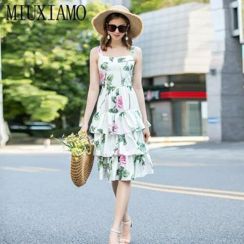 MIUXIMAO High Quality Europe 2021 Summer Dress Newest Sleeveless Flower Print Elegant Mid-Calf Cake Dress Women Vestidos