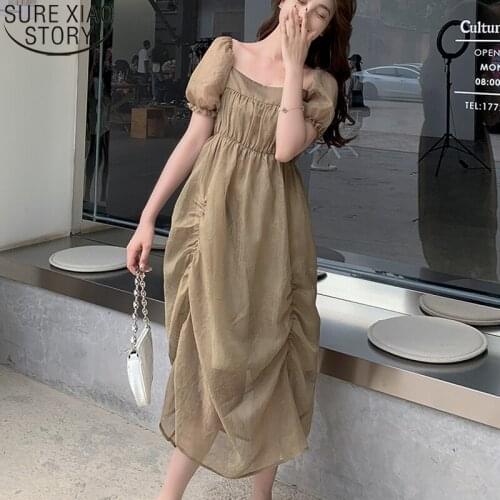 Good Quality 2021 Summer New Women Dress Short Puff Sleeve Sweet Square Collar Dress French Style Midi Long Dress Vestidos 14104