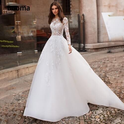 Booma Elegant Lace Wedding Dresses 2020 Long Sleeves Illusion Tulle White Ivory Bridal Dress A-line Buttons Back Wedding Gowns